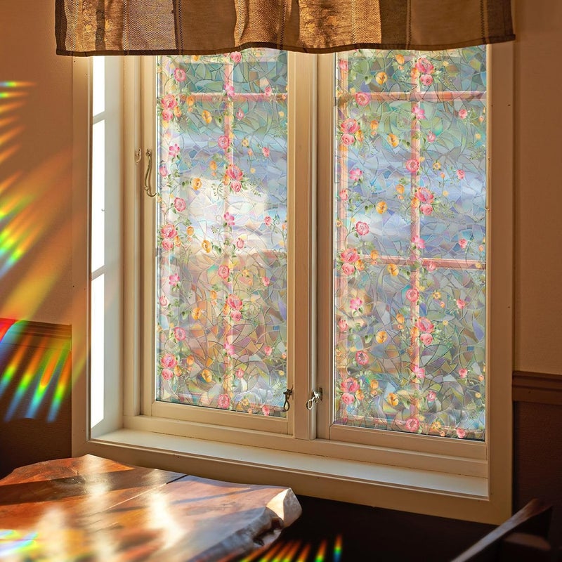 Yeysynana Window Film, Decorative Window Privacy Film, Removable Pink Flower Stained Double Sided Glass Windows Clings Stickers for Home Office Living Room Window Door Decor 39.37 x 15.74 Inches - Image 1