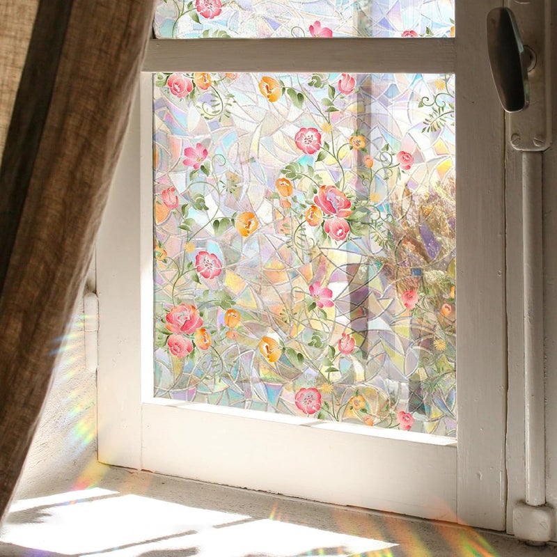 Yeysynana Window Film, Decorative Window Privacy Film, Removable Pink Flower Stained Double Sided Glass Windows Clings Stickers for Home Office Living Room Window Door Decor 39.37 x 15.74 Inches - Image 2