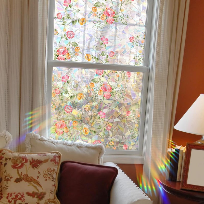 Yeysynana Window Film, Decorative Window Privacy Film, Removable Pink Flower Stained Double Sided Glass Windows Clings Stickers for Home Office Living Room Window Door Decor 39.37 x 15.74 Inches - Image 5