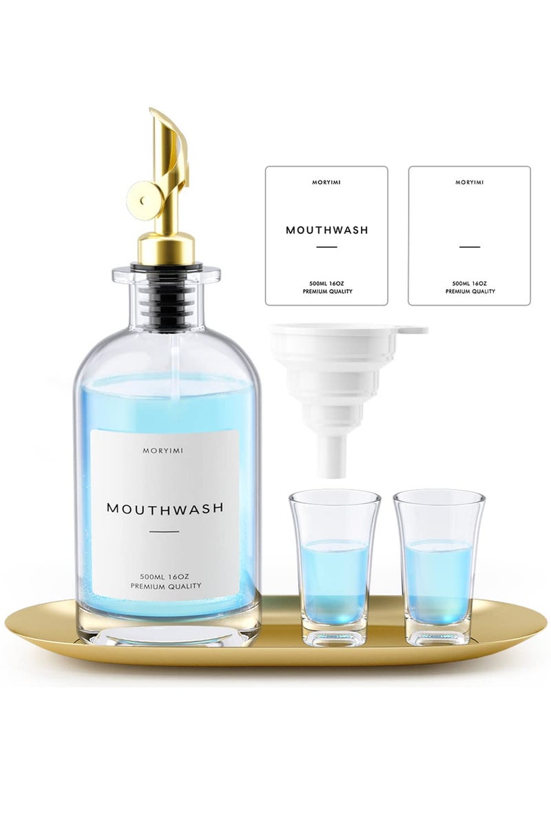 Moryimi Mouthwash Dispenser, 16oz Glass Mouthwash Decanter for Bathroom, Mouth Wash Container Mouthwash Bottle with Pour Spout, Reusable Mouthwash Dispenser Set with Cups and Gold Tray - Image 1