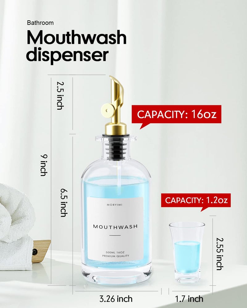 Moryimi Mouthwash Dispenser, 16oz Glass Mouthwash Decanter for Bathroom, Mouth Wash Container Mouthwash Bottle with Pour Spout, Reusable Mouthwash Dispenser Set with Cups and Gold Tray - Image 3