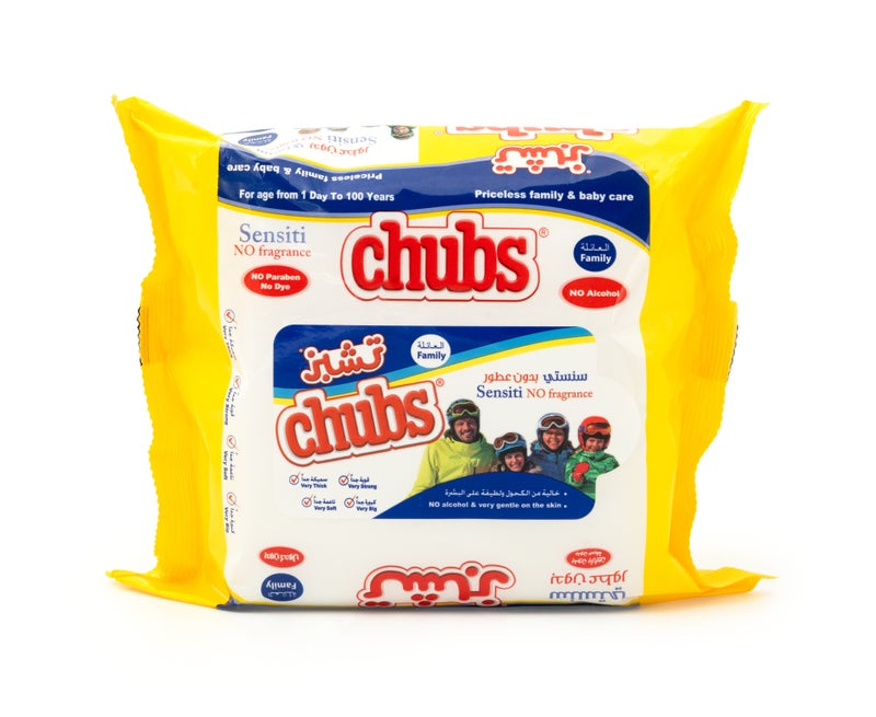 Chubs مناديل عائلية حساسة مبللة - خالية من العطور وخالية من الكحول - عبوة سفر 20 مناديل - Image 1