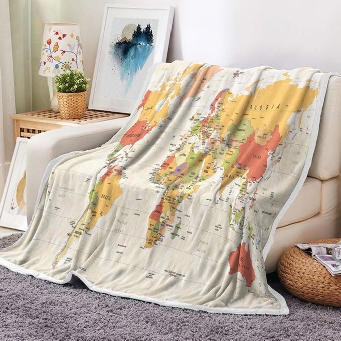 WORLD MAP FLEECE THROW BLANKET FOR COUCH SOFA VINTAGE TOPOGRAPHY EDUCATIONAL FOR COLLEGE KIDS CHILDREN GEOGRAPHICAL THROWS FOR BED TRAVEL CAMPING 50X60IN