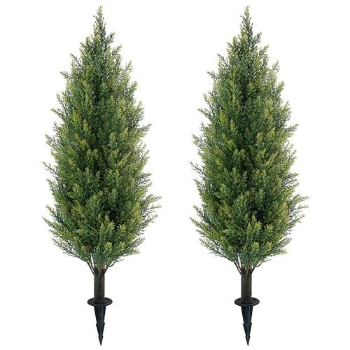 JoyPower 3FT Artificial Cedar Topiary Trees with Ground Spike, UV Resistant Artificial Bushes, Set of 2 Faux Cypress Plants Faux Shrubs for Outdoor Indoor Front Porch Garden - Image 1