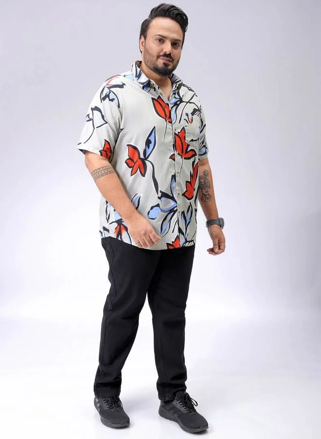 HARDSODA Men Plus Size Regular Fit Printed Cutaway Collar Half Sleeves Casual Shirt