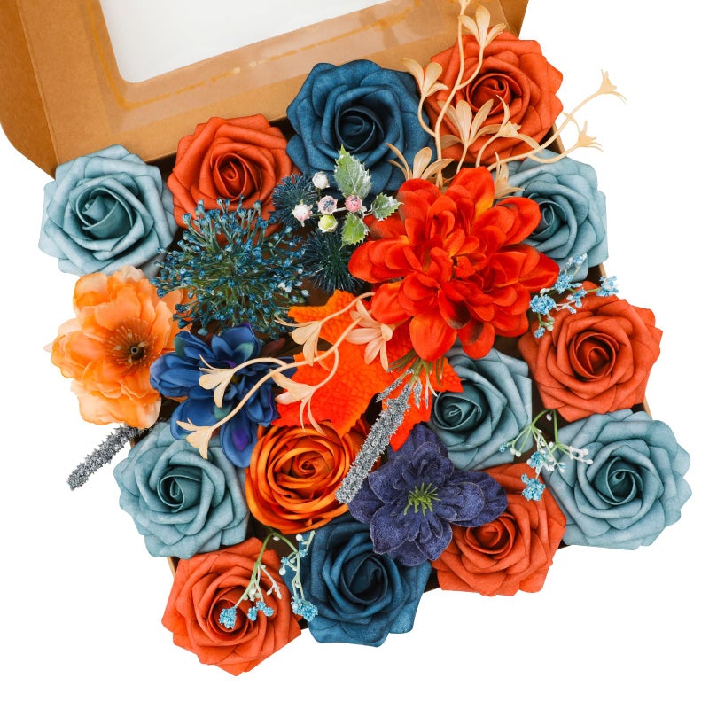 Floweroyal Artificial Flowers Combo Orange Flowers Mix Silk Flowers Dahlia Roses with Stems for DIY Wedding Bridal Bouquets  Baby Shower  Floral Arrangement  Table Centerpieces  Home Decorations. - Image 1