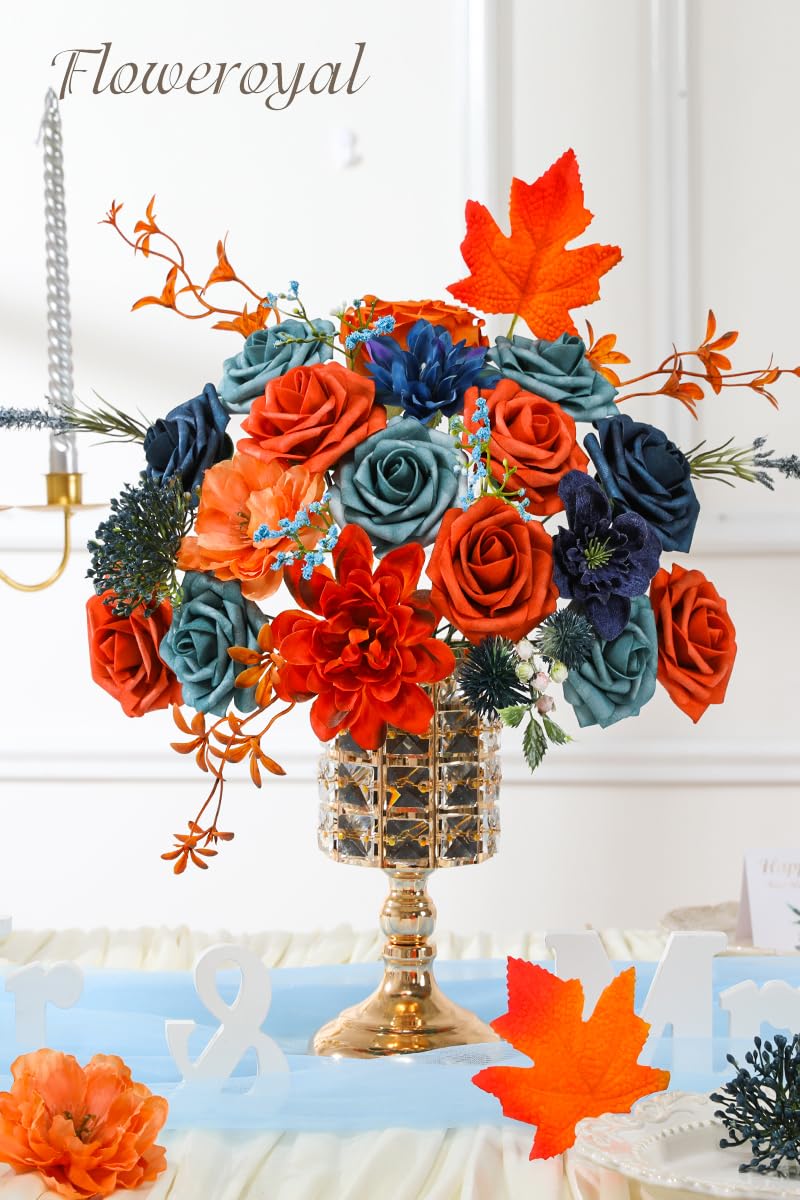 Floweroyal Artificial Flowers Combo Orange Flowers Mix Silk Flowers Dahlia Roses with Stems for DIY Wedding Bridal Bouquets  Baby Shower  Floral Arrangement  Table Centerpieces  Home Decorations. - Image 3