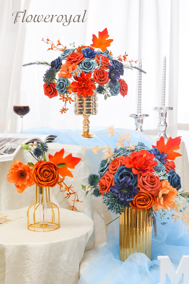 Floweroyal Artificial Flowers Combo Orange Flowers Mix Silk Flowers Dahlia Roses with Stems for DIY Wedding Bridal Bouquets  Baby Shower  Floral Arrangement  Table Centerpieces  Home Decorations. - Image 4