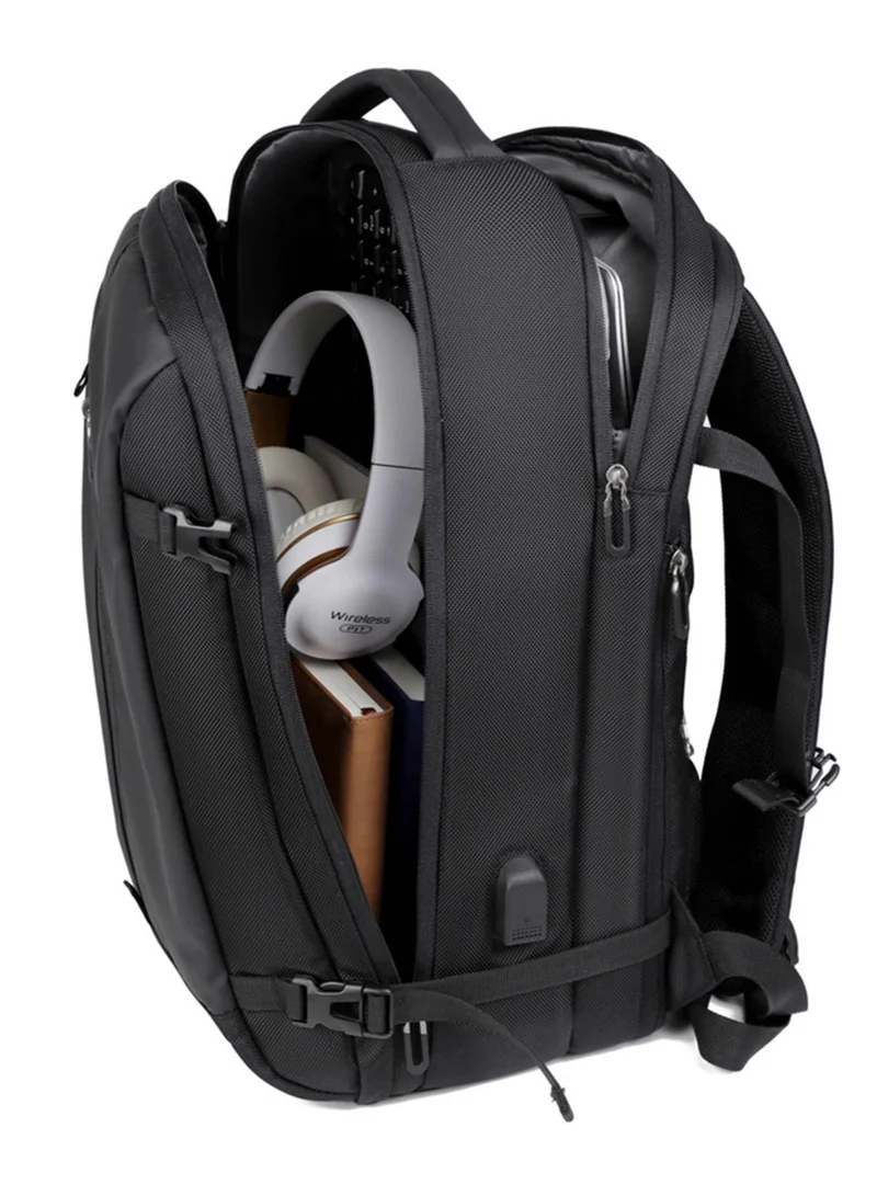 Hike  Unisex Expandable Shoulder Backpack Water Resistant Daypack with Built in USB port and Separate Laptop Compartment for Travel/Business/College, HK5038, Black  | Best Price UAE