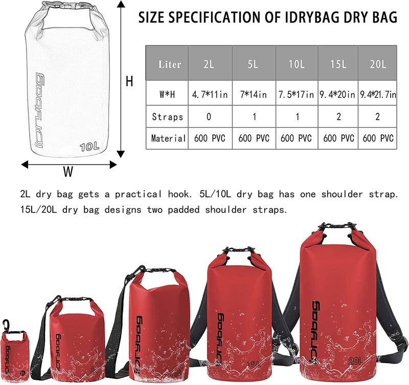 IDRYBAG Dry Bag for Kayaking Waterproof 2L/5L/10L/15L/20L, Small Dry Sack Waterproof Bag for Boating - Image 3
