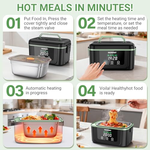 INSMART Cordless Electric Lunch Box for Adults, 1.5L Large Portable Heated Lunch Boxes with Smart Timer and 60W Rapid Uniform Heating, 304 Stainless Steel Lunch Box for Office, Travel, Car & Home Use - Image 5