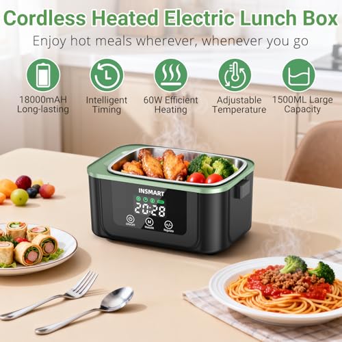 INSMART Cordless Electric Lunch Box for Adults, 1.5L Large Portable Heated Lunch Boxes with Smart Timer and 60W Rapid Uniform Heating, 304 Stainless Steel Lunch Box for Office, Travel, Car & Home Use - Image 2