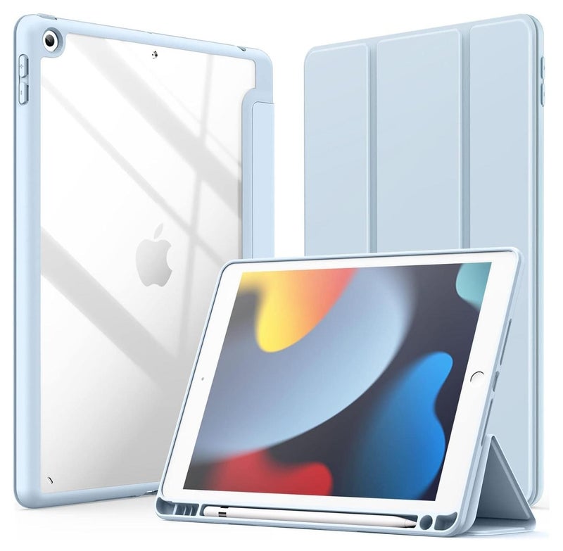 حافظة لجهاز iPad مقاس 10.2 بوصة (الجيل التاسع/الثامن/السابع، 2021/2020/2019)، غطاء خلفي شفاف مقاوم للصدمات مع حامل قلم مدمج، خاصية السكون/التنشيط التلقائي (أزرق سماوي) - Image 1