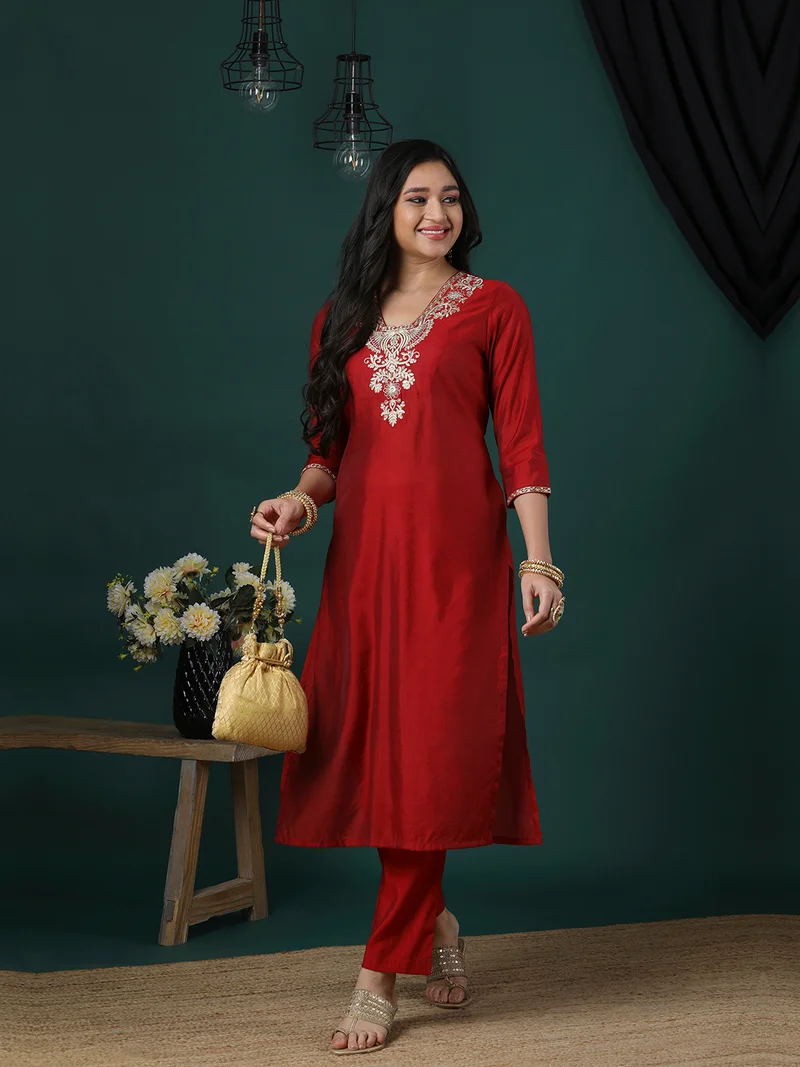 globus Women Floral Yoke Design Regular Kurta With Trousers