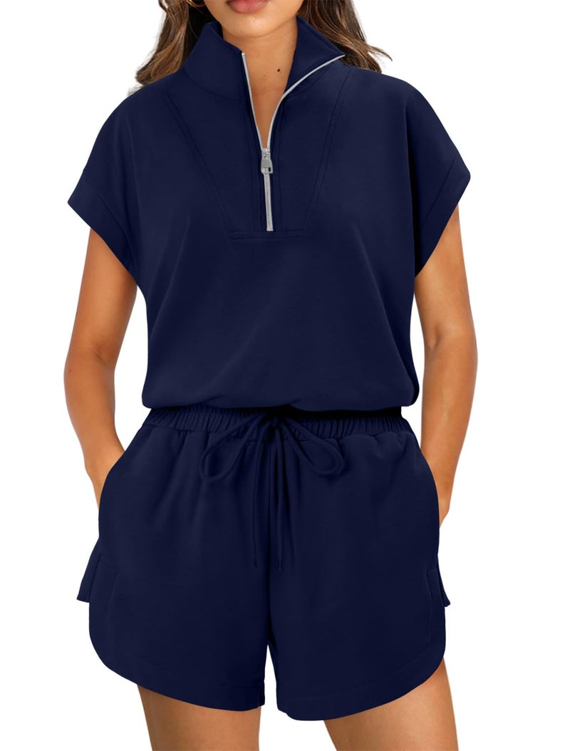 KISSMODA Two Piece Sets for Women Sweatsuit Half Zip Casual Tracksuits Short Sleeve Pullover Tops and Shorts 2026 Lounge Outfits Deep Blue Large