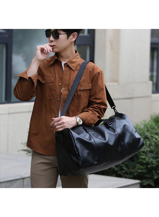 Travel Bag Men's And Women's Large Capacity Shoulder Backpack Travel Handbag Texted Soft Leather Duffel Bag Sports Fitness Bag-Color:Pu Travel Bag Matte Black - Image 5