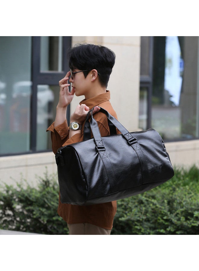 Travel Bag Men's And Women's Large Capacity Shoulder Backpack Travel Handbag Texted Soft Leather Duffel Bag Sports Fitness Bag-Color:Pu Travel Bag Matte Black - Image 4