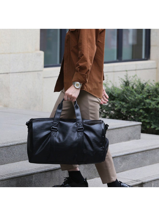 Travel Bag Men's And Women's Large Capacity Shoulder Backpack Travel Handbag Texted Soft Leather Duffel Bag Sports Fitness Bag-Color:Pu Travel Bag Matte Black - Image 3