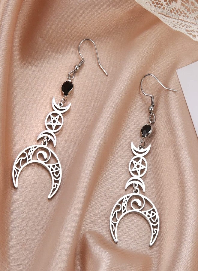 TEAMER Stainless Steel Crescent Goddess Black Birthstone Witches Knot Earrings Triple Moon Wicca Pentagram Gothic Celtic Knot Drop Earrings (Triple Moon - Steel) - Image 4