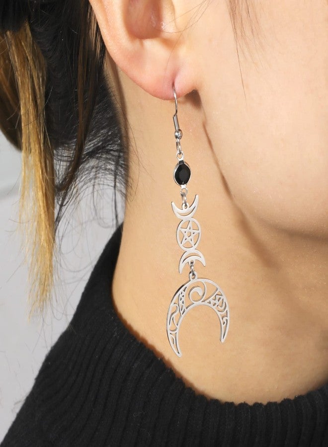 TEAMER Stainless Steel Crescent Goddess Black Birthstone Witches Knot Earrings Triple Moon Wicca Pentagram Gothic Celtic Knot Drop Earrings (Triple Moon - Steel) - Image 3