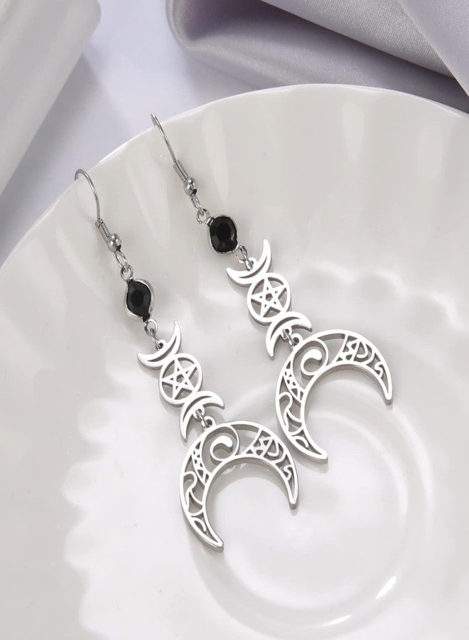 TEAMER Stainless Steel Crescent Goddess Black Birthstone Witches Knot Earrings Triple Moon Wicca Pentagram Gothic Celtic Knot Drop Earrings (Triple Moon - Steel) - Image 5