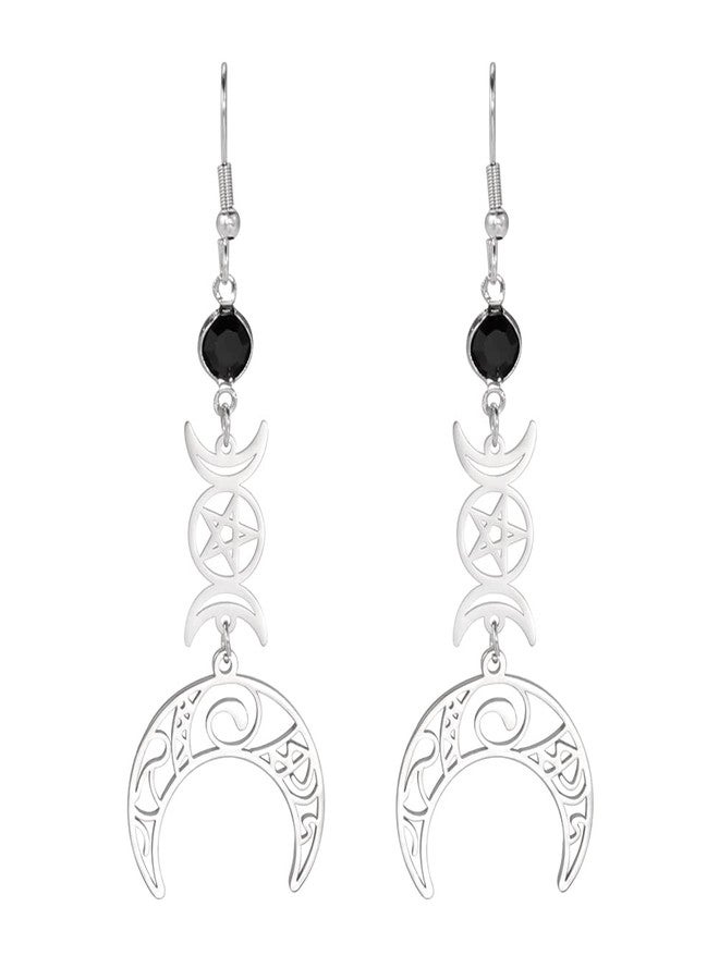 TEAMER Stainless Steel Crescent Goddess Black Birthstone Witches Knot Earrings Triple Moon Wicca Pentagram Gothic Celtic Knot Drop Earrings (Triple Moon - Steel) - Image 1