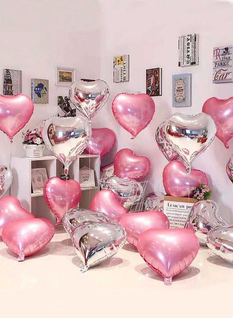 Aluminum party decoration balloons for birthdays, engagements, and weddings, featuring a heart design in pink and silver. A set of 10 pieces, each sized 18 inches.  - Image 1