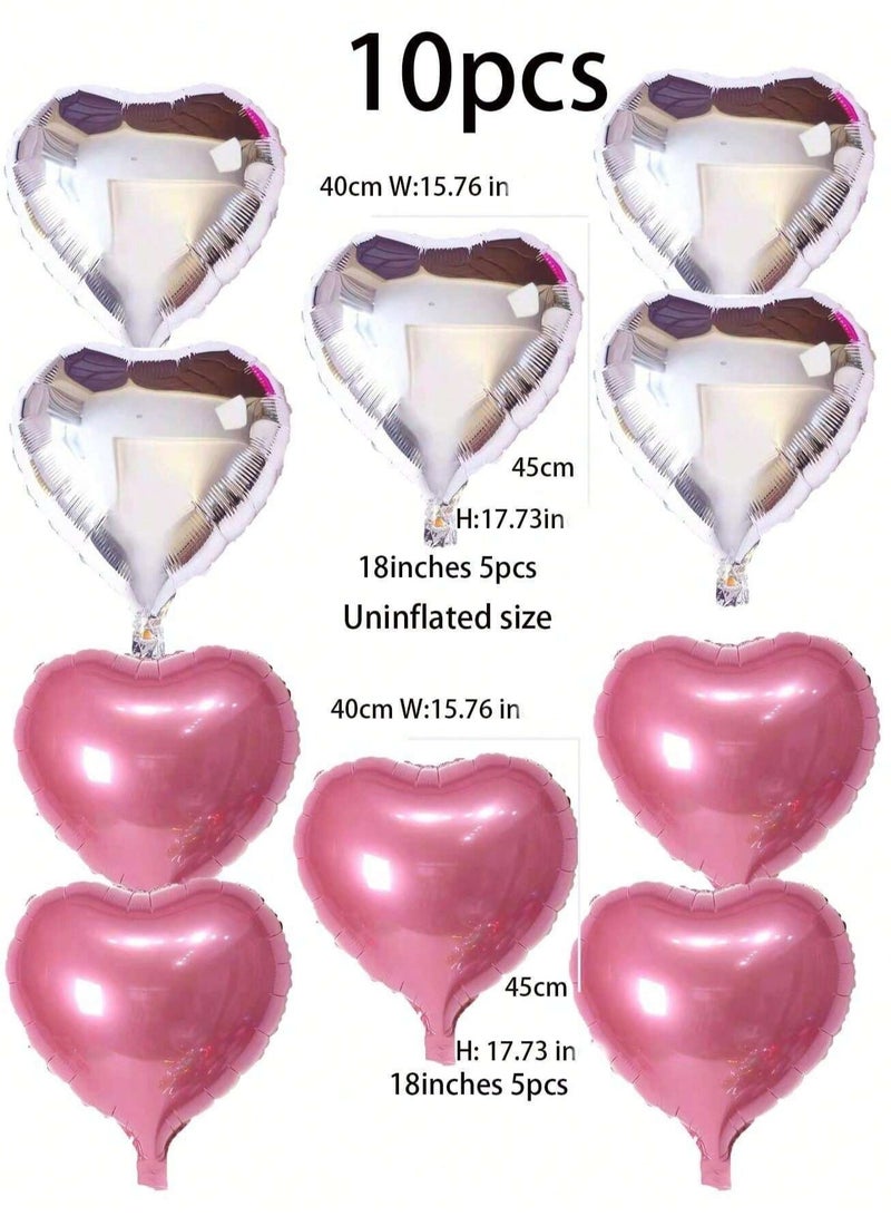 Aluminum party decoration balloons for birthdays, engagements, and weddings, featuring a heart design in pink and silver. A set of 10 pieces, each sized 18 inches.  - Image 4