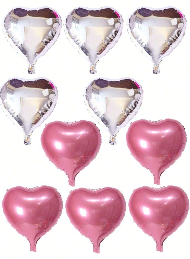 Aluminum party decoration balloons for birthdays, engagements, and weddings, featuring a heart design in pink and silver. A set of 10 pieces, each sized 18 inches.  - Image 5