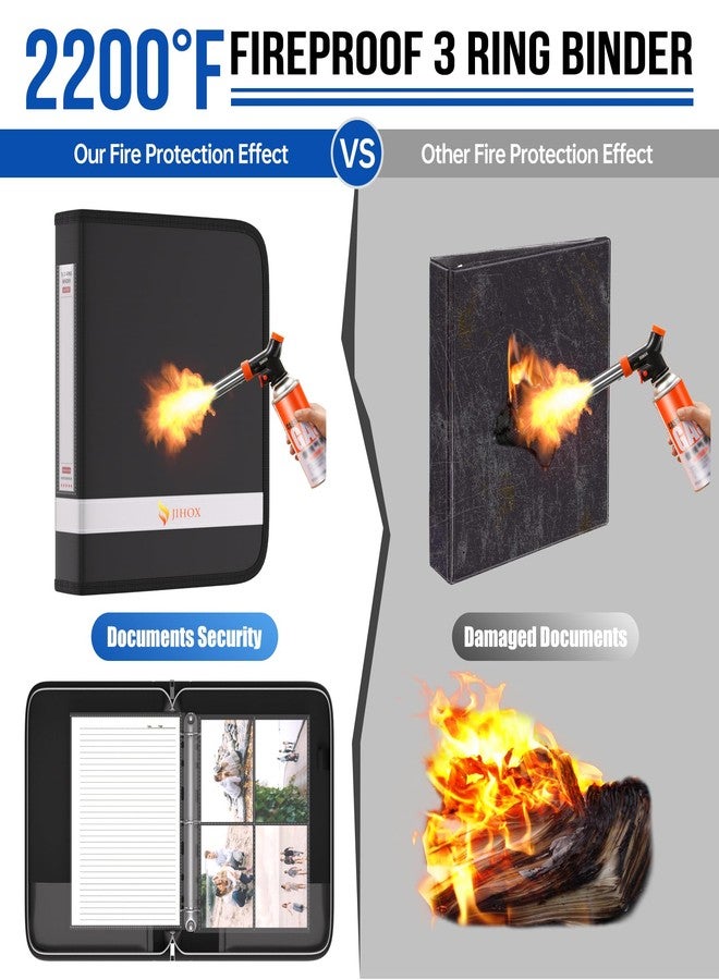 JHSafer Fireproof 1.5" 3 Ring Binder with Zipper, 2 Interior Pockets, 1 Pen Holder, Reflective Strip, Hold 375 Sheets of US Letter/A4 Size for Office/Home/School Provide 5 Pockets A4, 40 Pockets Album(Black) - Image 3