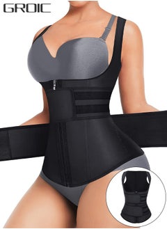 GROIC Waist Trainer for Women Waist Trainer Corset Vest Tummy Slimming Belly  Body Shaper, Double Belt Sauna Workout Trimmer Belts with Zipper and 9 Steel Bones  - Image 1