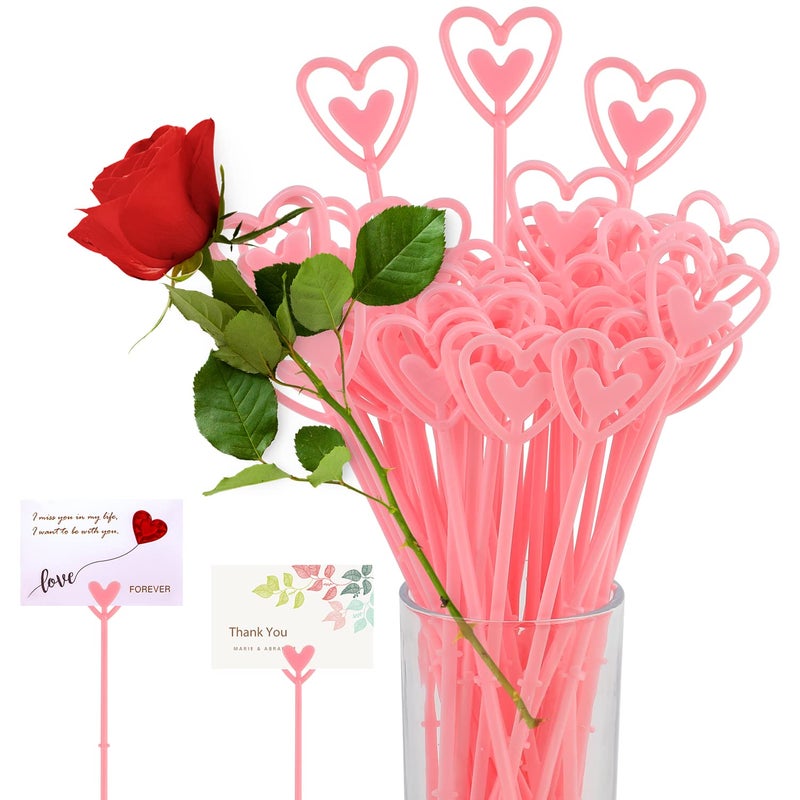 CCINEE 100Pcs Plastic Floral Pick Card Holders Pink Heart Shaped Flower Place Card Holders Clips for Floral Arrangement Bouquet Wedding Valentines Day Decoration 9 Inches - Image 2