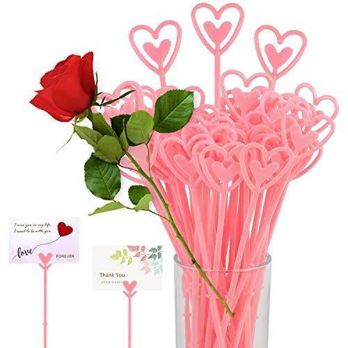 CCINEE 100Pcs Plastic Floral Pick Card Holders Pink Heart Shaped Flower Place Card Holders Clips for Floral Arrangement Bouquet Wedding Valentines Day Decoration 9 Inches - Image 1