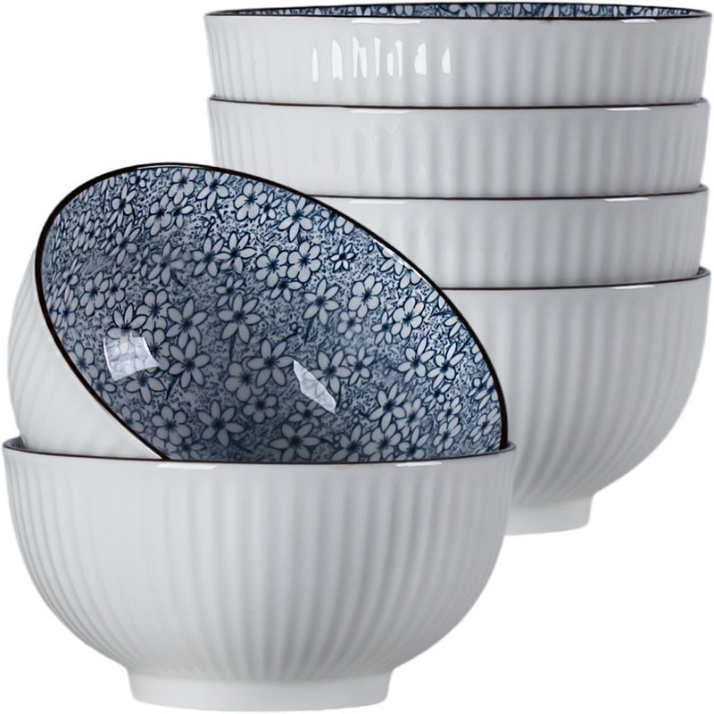 Houlu 6 in Small Japanese Bowls Set of 6 Versatile 30 oz Blue and White Porcelain Bowls for Soup Cereal Salad Desserts and Side Dishes  Floral Pattern - Image 1