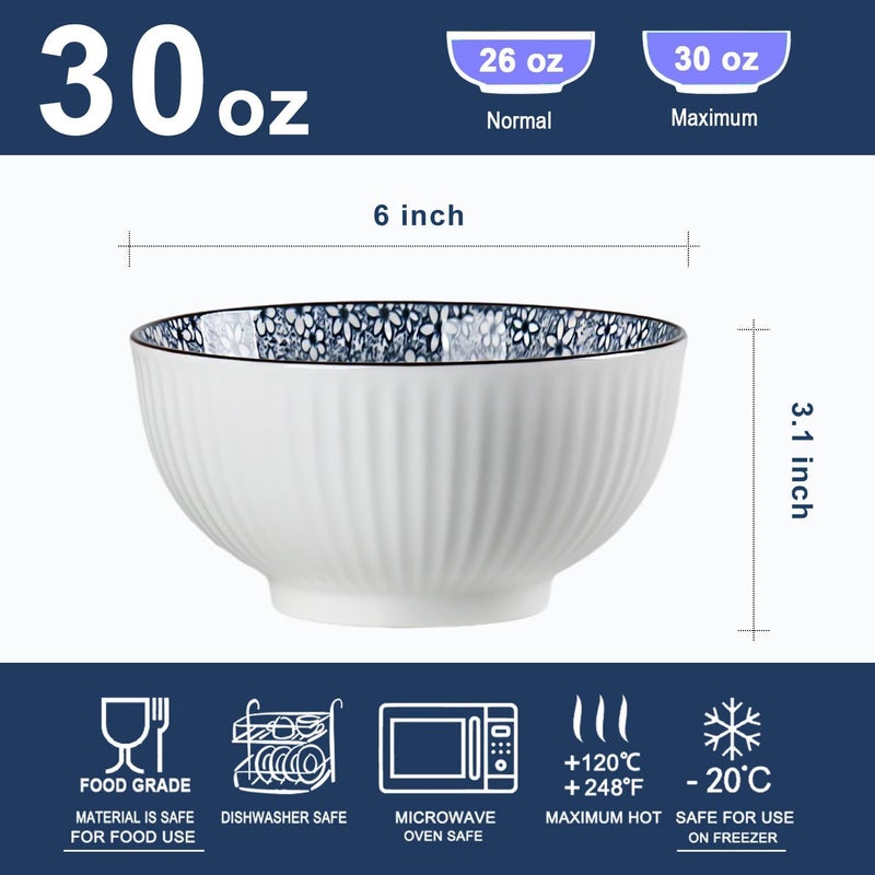 Houlu 6 in Small Japanese Bowls Set of 6 Versatile 30 oz Blue and White Porcelain Bowls for Soup Cereal Salad Desserts and Side Dishes  Floral Pattern - Image 2