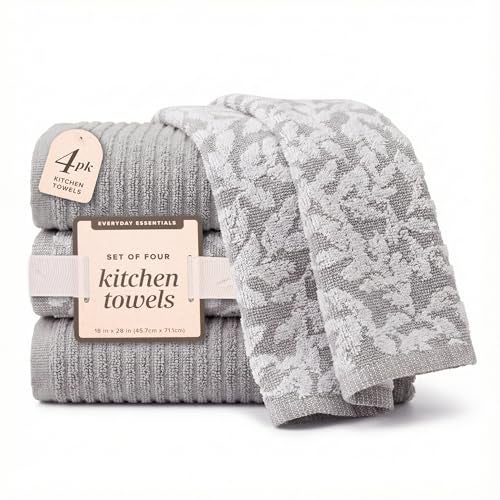 MosJos Kitchen Towels, Cotton Hand Towels, Grey and White Vine Ribbed Hand Drying Cloth Set of 4 Absorbent Hand Towels, 18 x 28 Kitchen Linens - Image 4