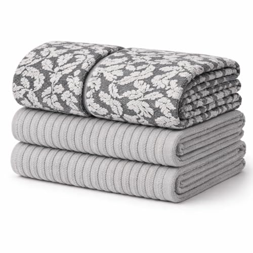 MosJos Kitchen Towels, Cotton Hand Towels, Grey and White Vine Ribbed Hand Drying Cloth Set of 4 Absorbent Hand Towels, 18 x 28 Kitchen Linens - Image 1