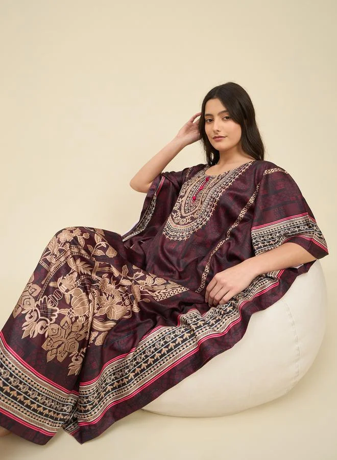Take Two Brown Satin Printed Kaftan Nightdress By The Kaftan Company