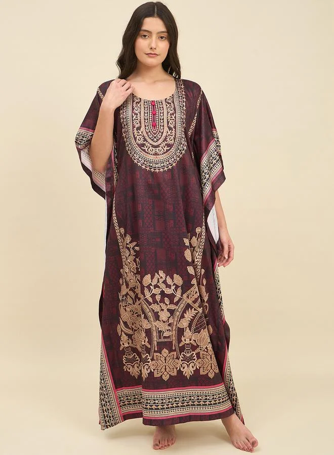 Take Two Brown Satin Printed Kaftan Nightdress By The Kaftan Company