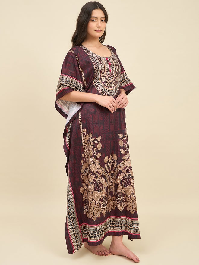 The Kaftan Company Brown Satin Printed Kaftan Nightdress - Image 3