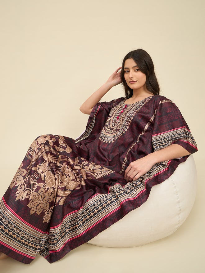 The Kaftan Company Brown Satin Printed Kaftan Nightdress - Image 1