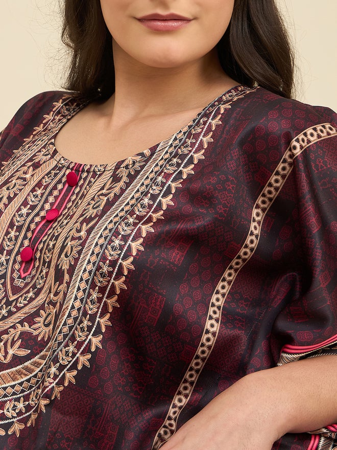 The Kaftan Company Brown Satin Printed Kaftan Nightdress - Image 4