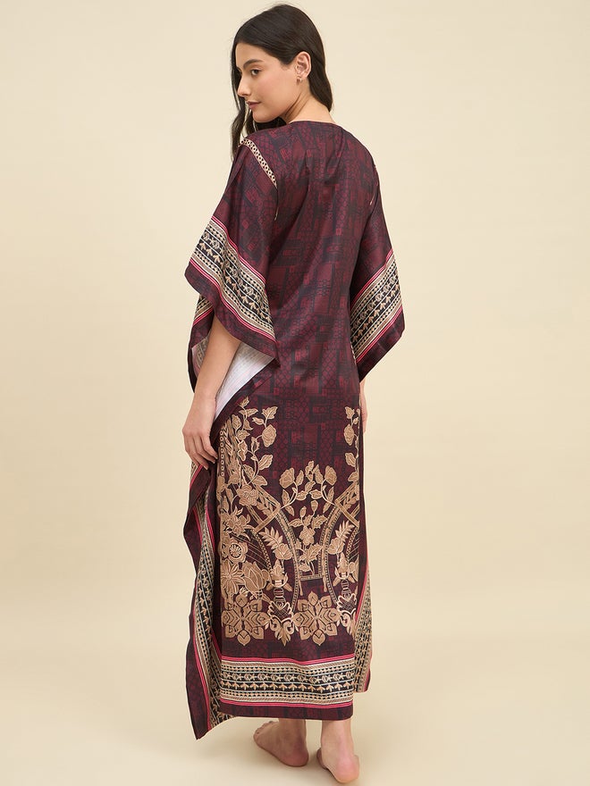 The Kaftan Company Brown Satin Printed Kaftan Nightdress - Image 5