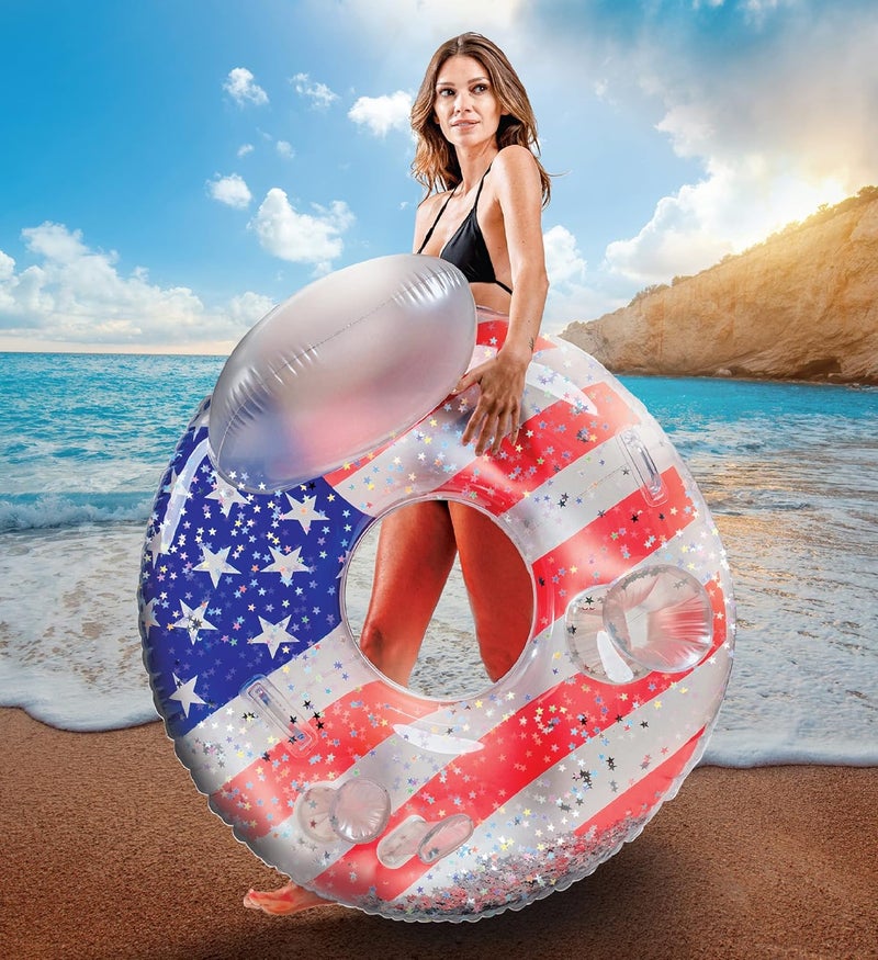 POZA Inflatable USA Pool Float - Luxurious Fun Lounger Filled with Sparkle Silver Stars Confetti, Cool USA Flag Design Water Swimming Pool Floaties for Beach, Lake & Pool - Image 2