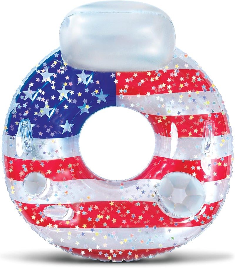 POZA Inflatable USA Pool Float - Luxurious Fun Lounger Filled with Sparkle Silver Stars Confetti, Cool USA Flag Design Water Swimming Pool Floaties for Beach, Lake & Pool - Image 1