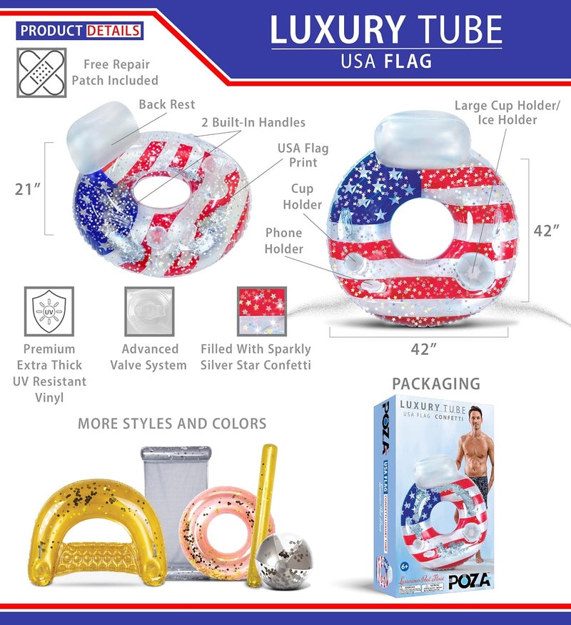 POZA Inflatable USA Pool Float - Luxurious Fun Lounger Filled with Sparkle Silver Stars Confetti, Cool USA Flag Design Water Swimming Pool Floaties for Beach, Lake & Pool - Image 3