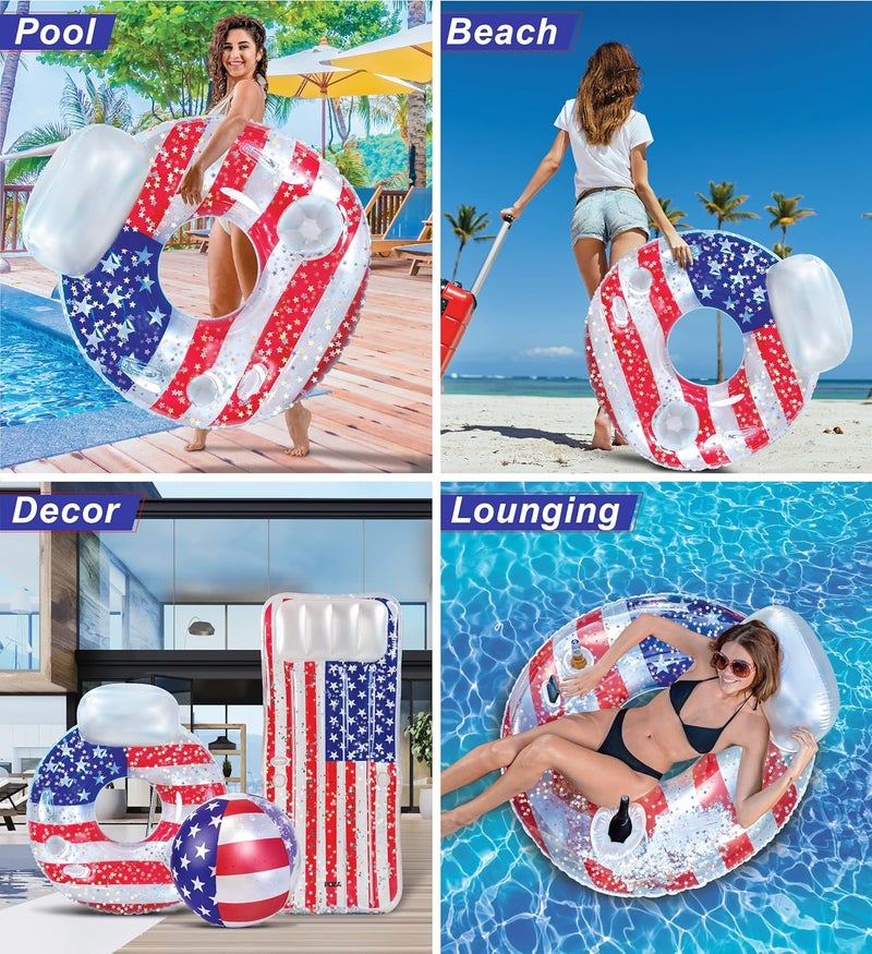 POZA Inflatable USA Pool Float - Luxurious Fun Lounger Filled with Sparkle Silver Stars Confetti, Cool USA Flag Design Water Swimming Pool Floaties for Beach, Lake & Pool - Image 4