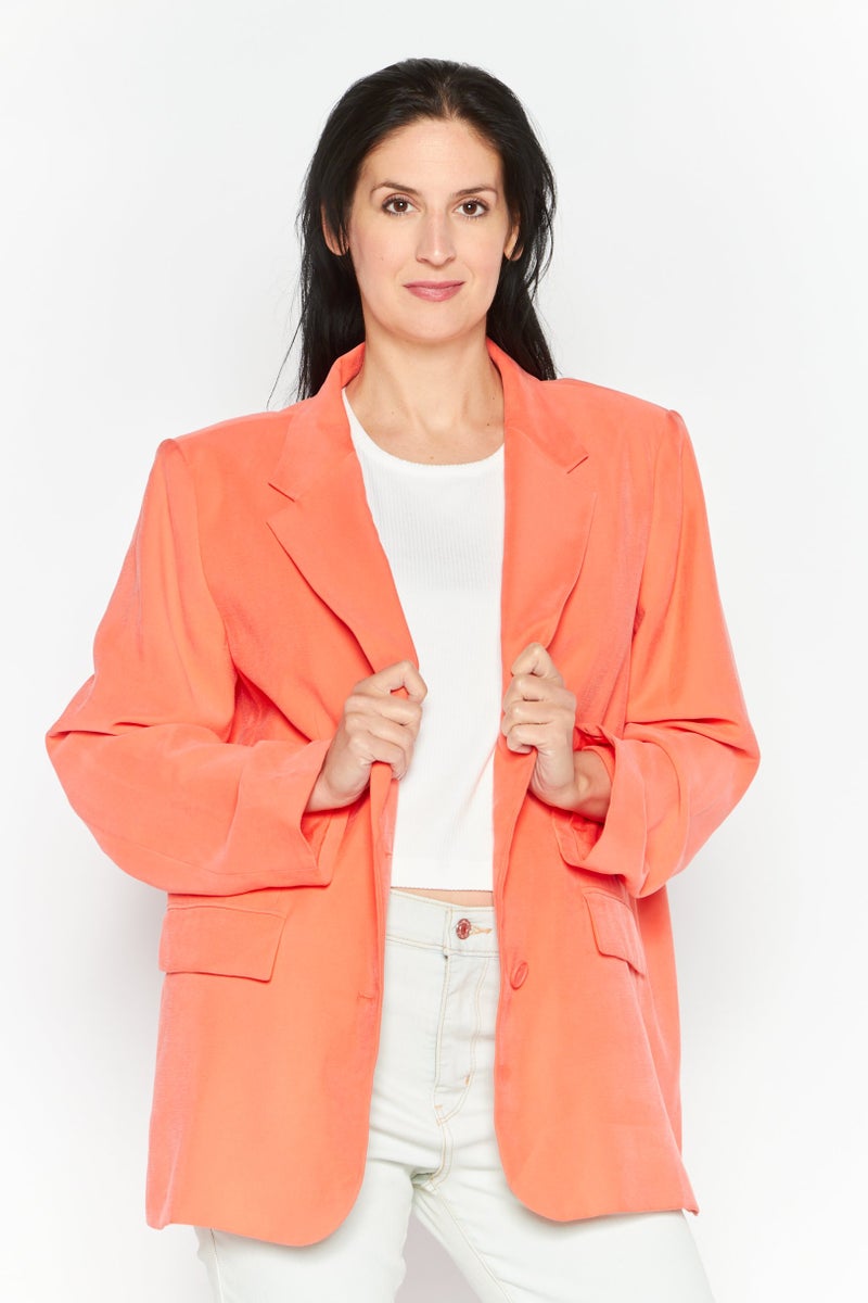DKNY Women Regular Fit Solid Semi-Formal Blazer, Coral - Image 1