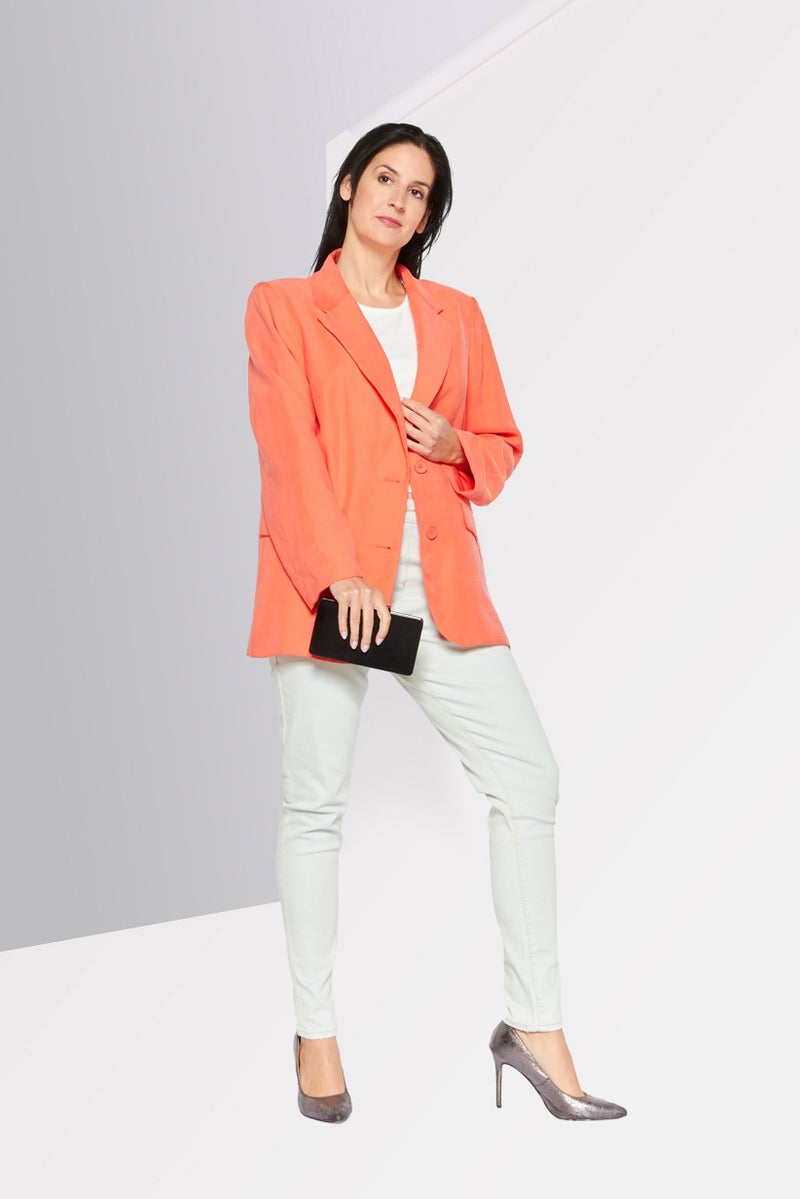 DKNY Women Regular Fit Solid Semi-Formal Blazer, Coral - Image 2
