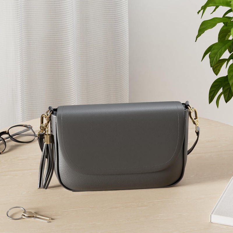 EVVE Small Crossbody Bag for Women Trendy Flap Saddle Purses with Tassel and Adjustable Shoulder Strap - Black - Image 3